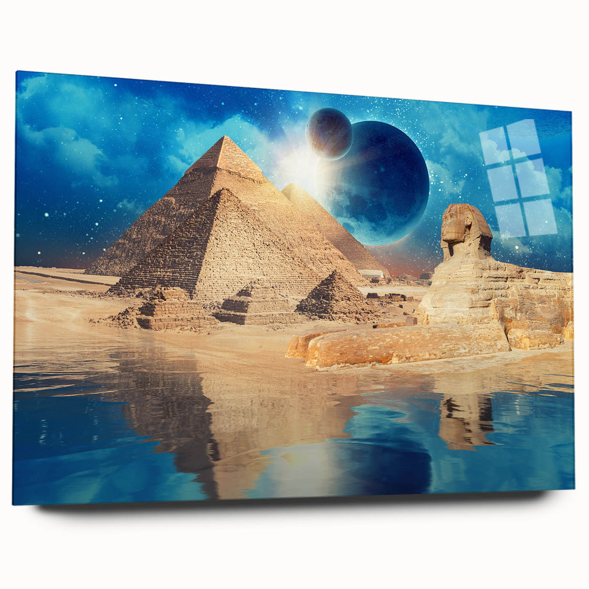 Large abstract depiction of Egyptian scenery in muted earth tones on acrylic glass, suitable for bedroom or dining room art.