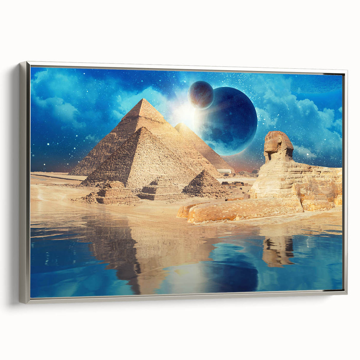 Vintage poster art of an Egyptian landscape in colorful hues on a large framed canvas, suitable for living room decor.