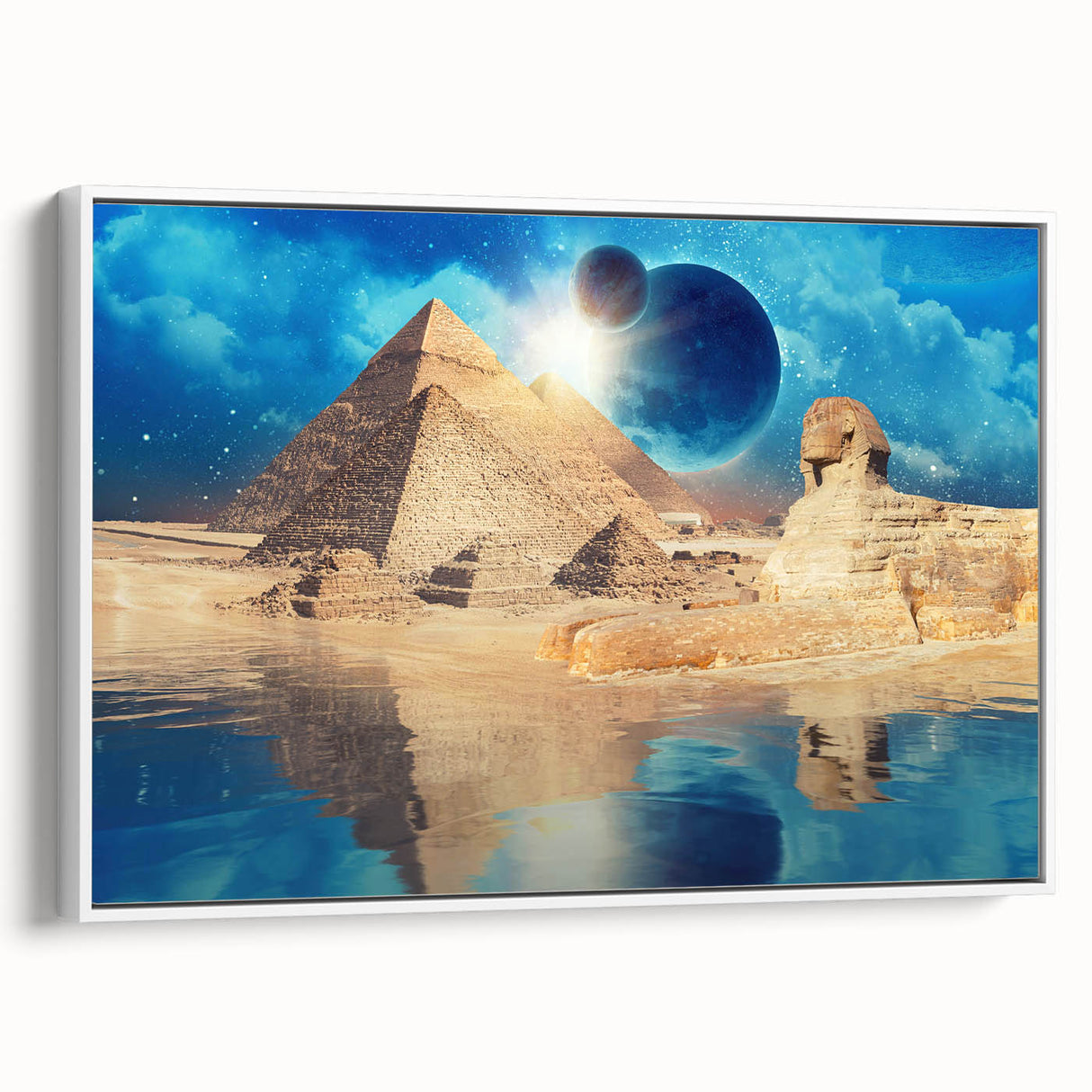 Framed canvas featuring a vintage-style landscape painting of the Egyptian scenery, ideal for bedroom wall art.