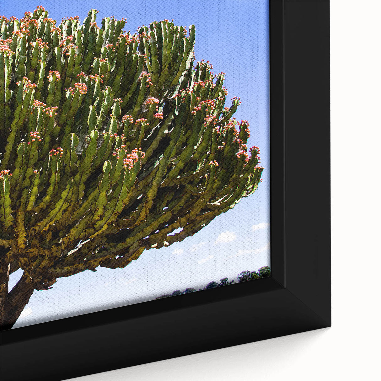 Framed canvas depicting a textured, colorful Ethiopian landscape scene, ideal for living room decor.