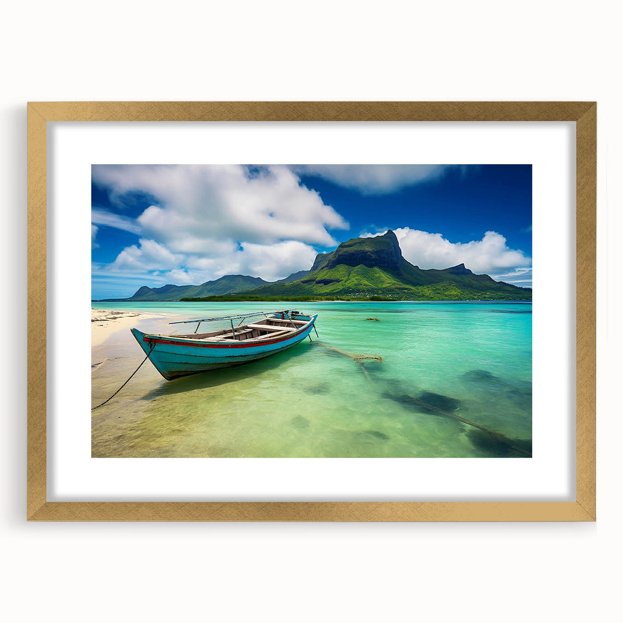 Textured abstract art print of a Mauritius scenery in gold frame with mat, featuring earthy tones; suitable for bedroom art.