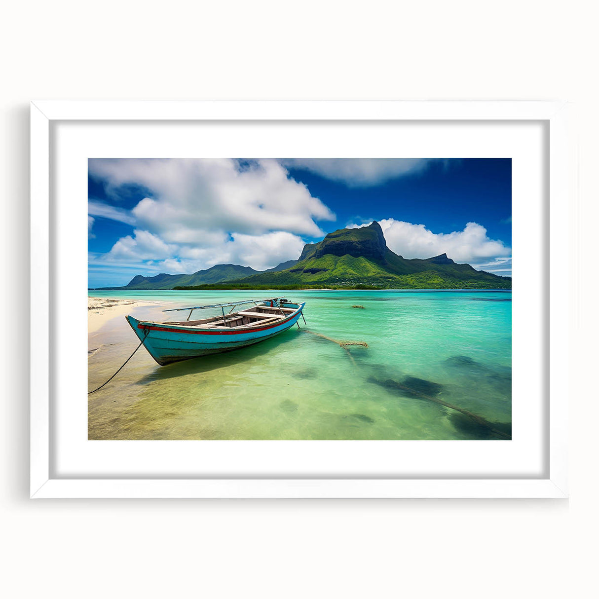 Extra large abstract art print depicting a textured Mauritius landscape in muted earth tones, framed in white.