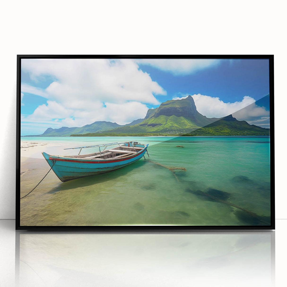 Large abstract wall art depicting a Mauritian landscape in muted earth tones on a framed acrylic.