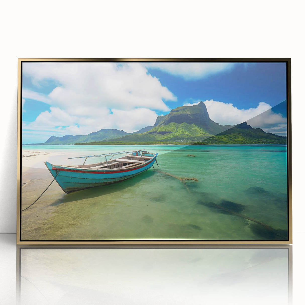Mid-century modernist art depicting a serene Mauritius landscape in soft pastel shades, framed in gold acrylic.