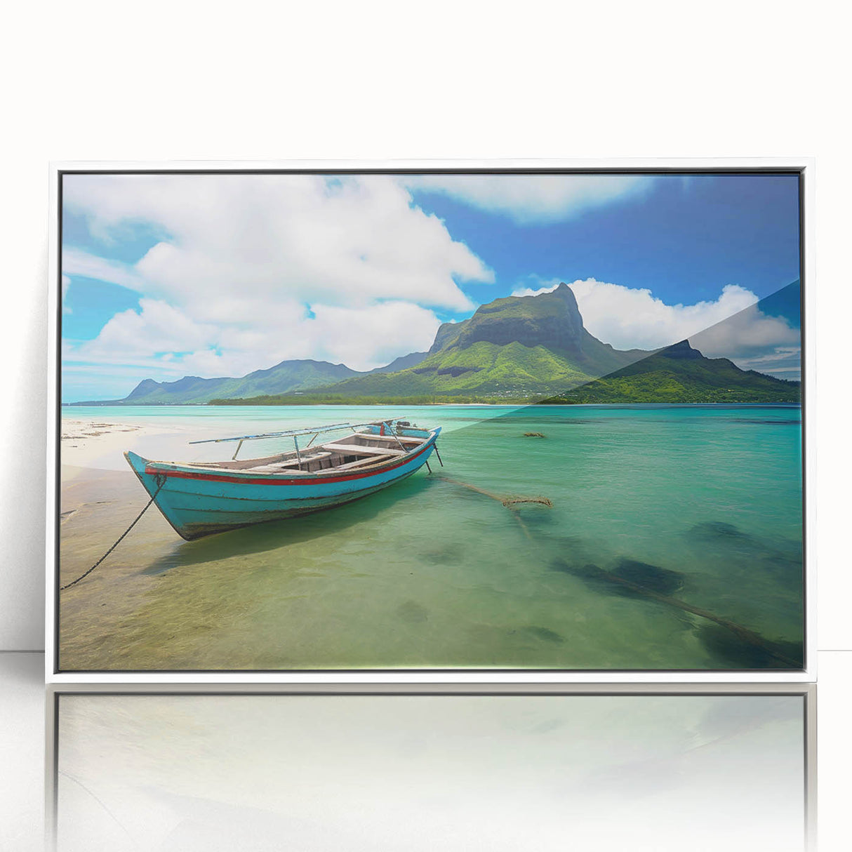 Mid-century modernist style large art print of a serene Mauritius landscape in muted greens and blues.