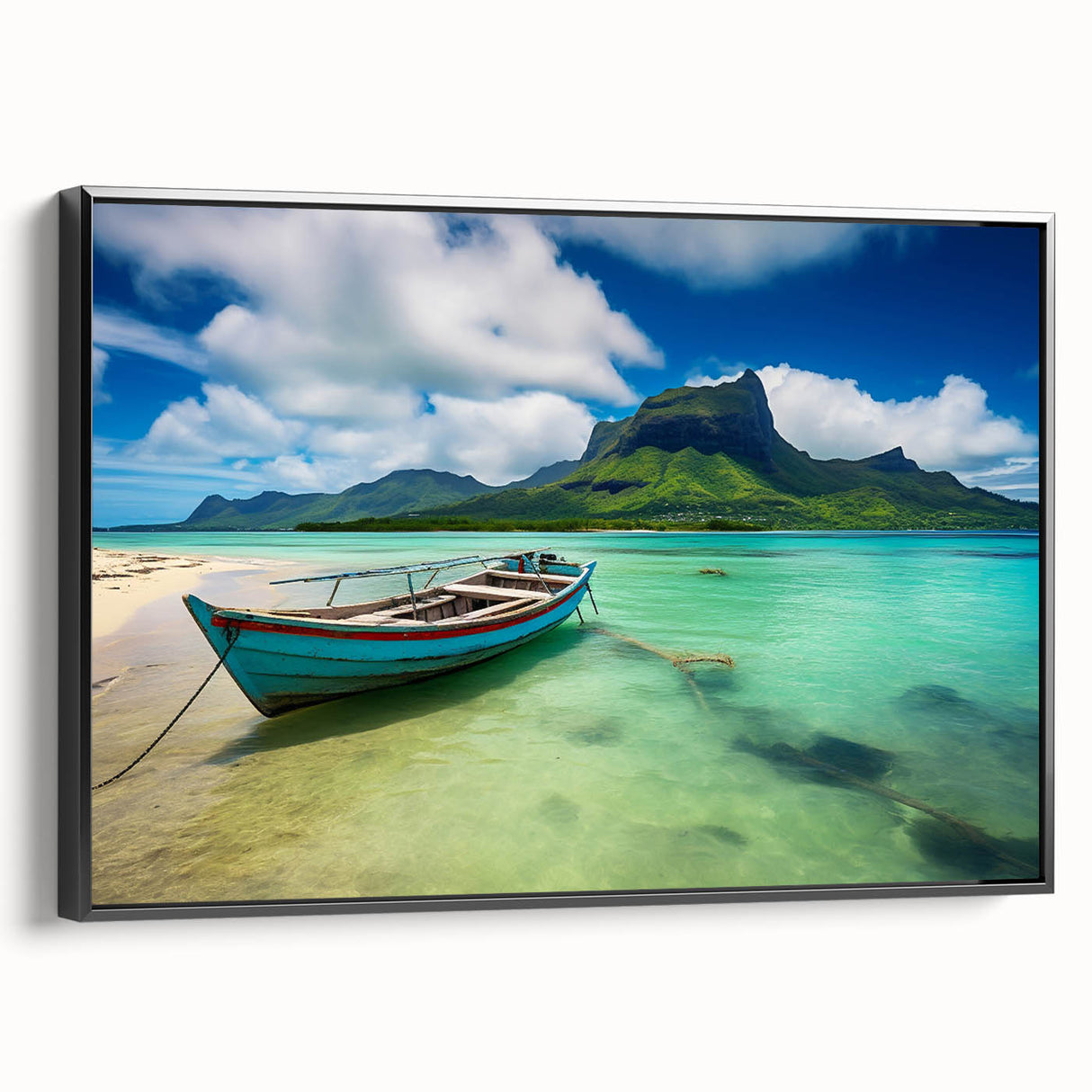 Black and white landscape painting of Mauritius on a framed canvas, ideal for bedroom wall decor.
