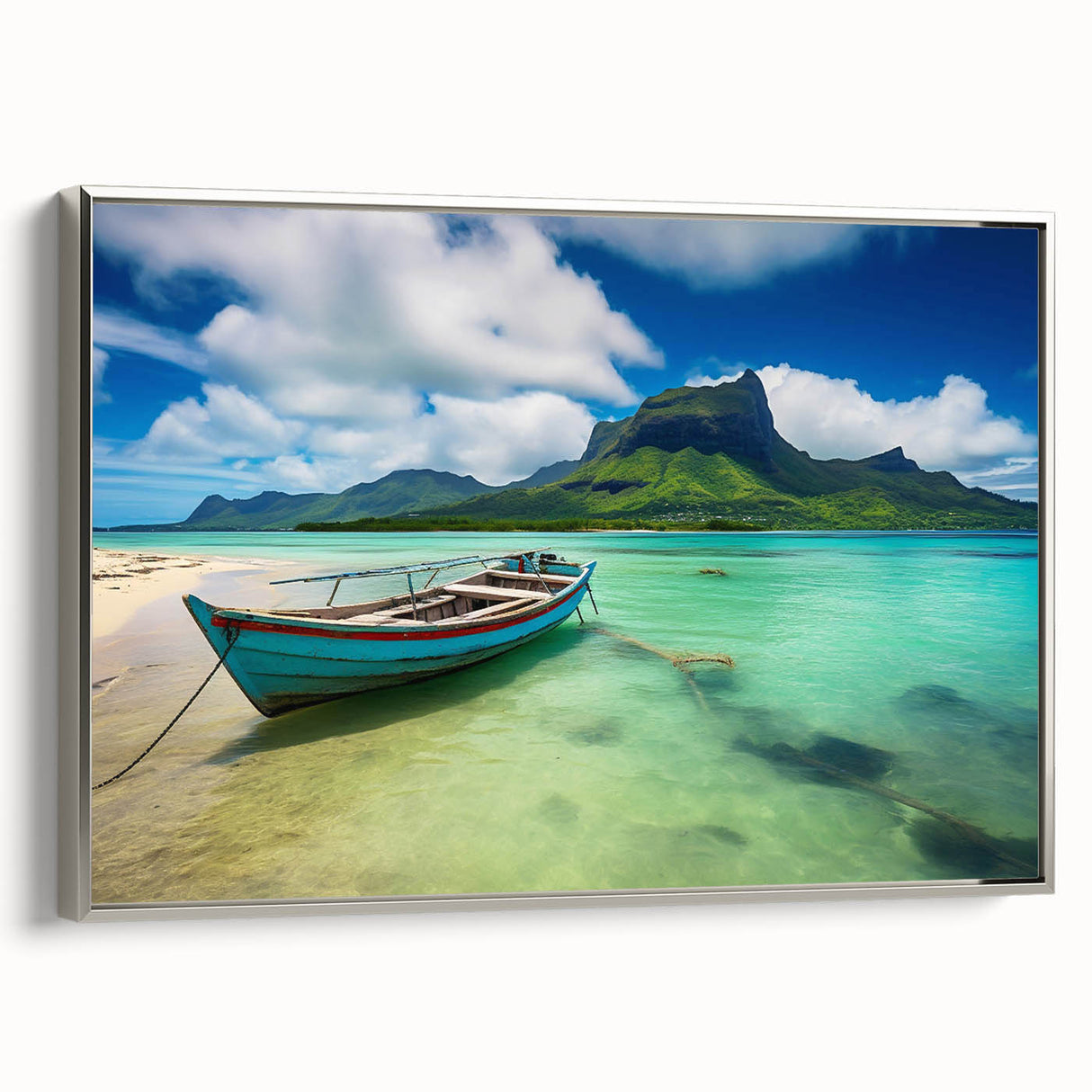 Vintage poster art of a colorful Mauritius landscape on a large framed canvas, ideal for living room decor.