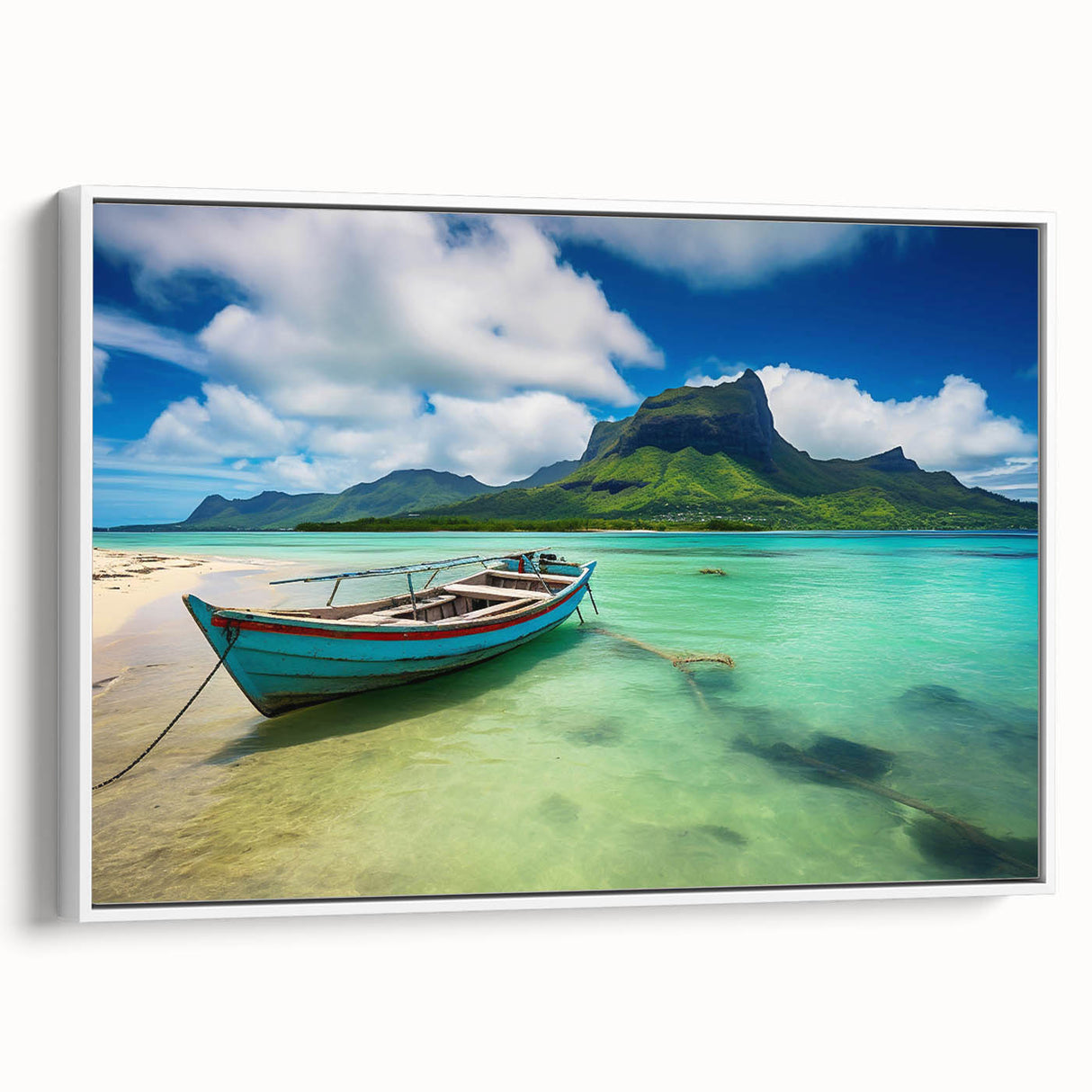 Framed canvas of a vintage-style Mauritius landscape with muted green and blue tones, ideal for bedroom wall art.