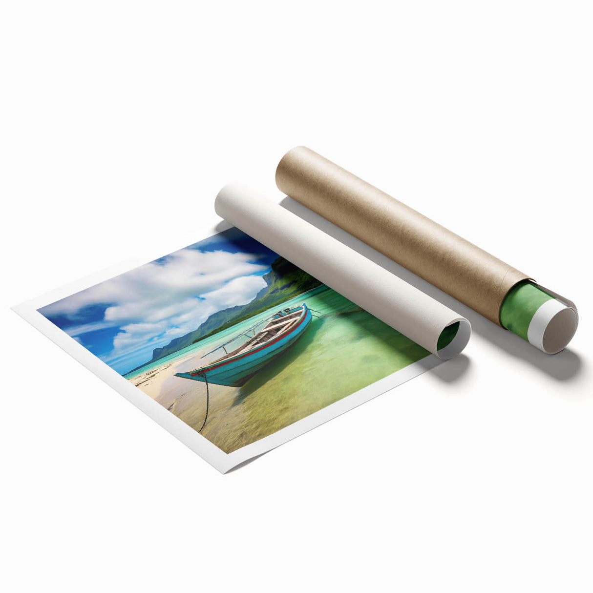 Extra large rolled print of a Mauritian landscape, featuring vivid green foliage and blue skies.