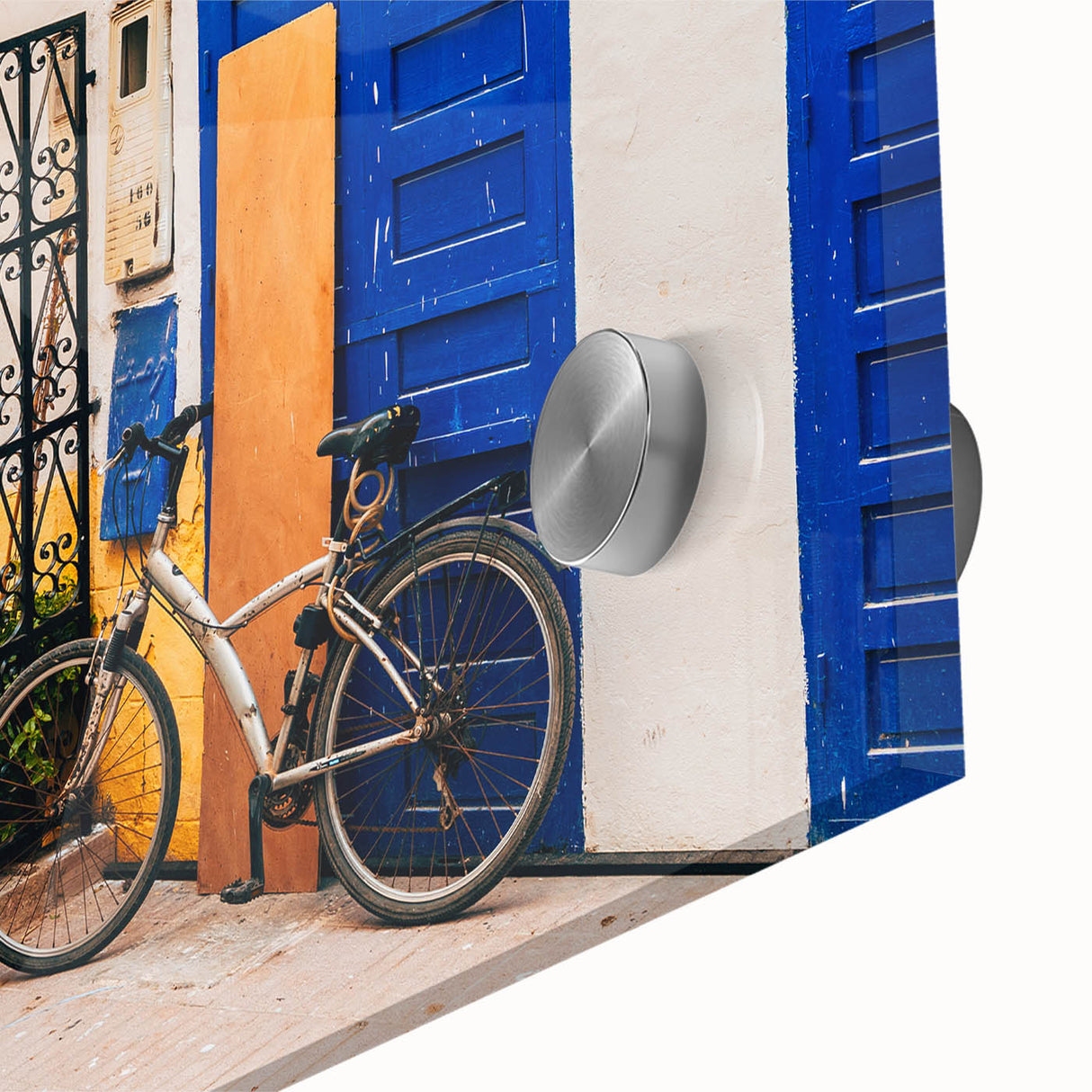 Large abstract wall art depicting a Moroccan scenery in earth tones on acrylic glass, ideal for dining room art.