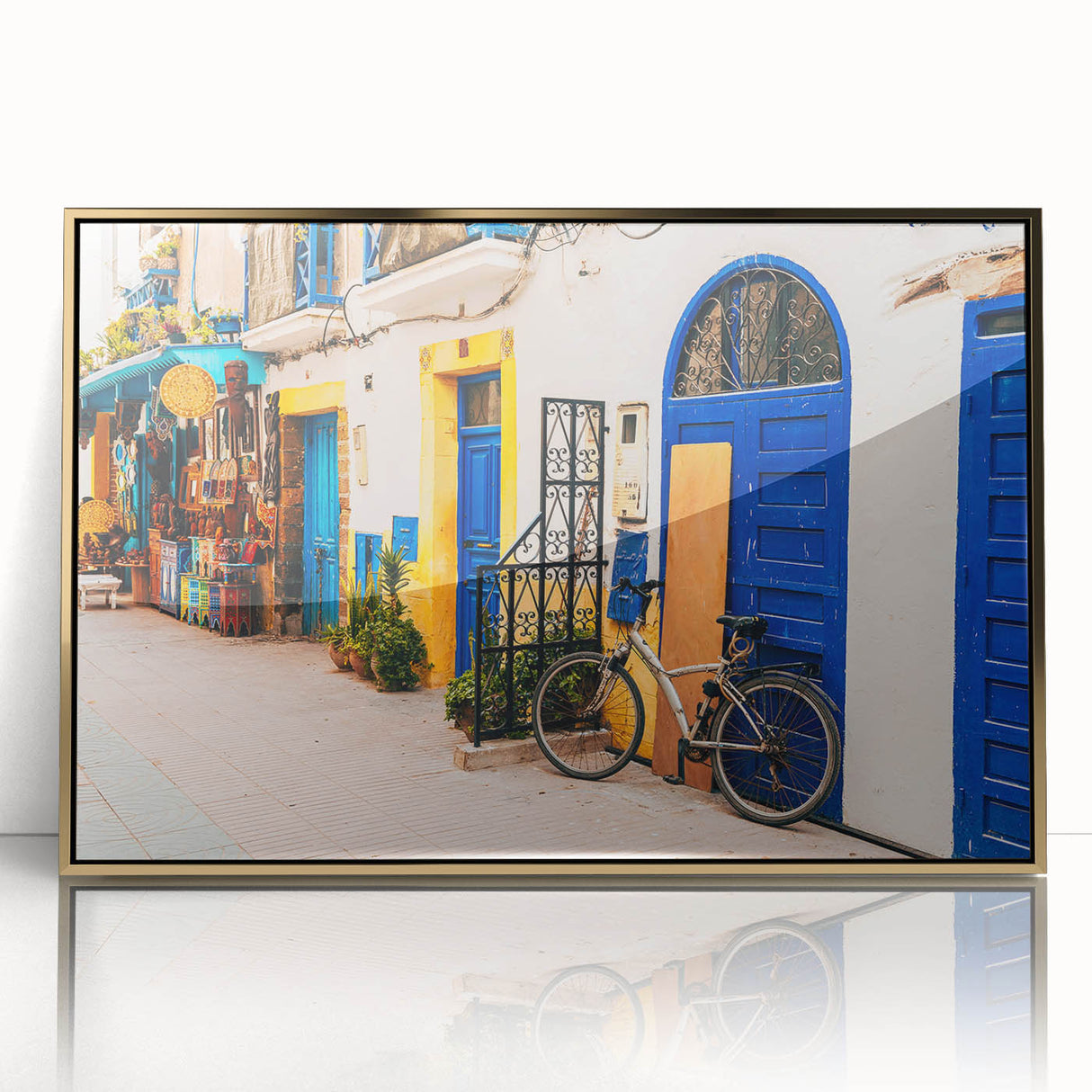 Mid-century modernist art depicting a Moroccan landscape in earth tones on a framed acrylic, ideal for modern art wall decor.