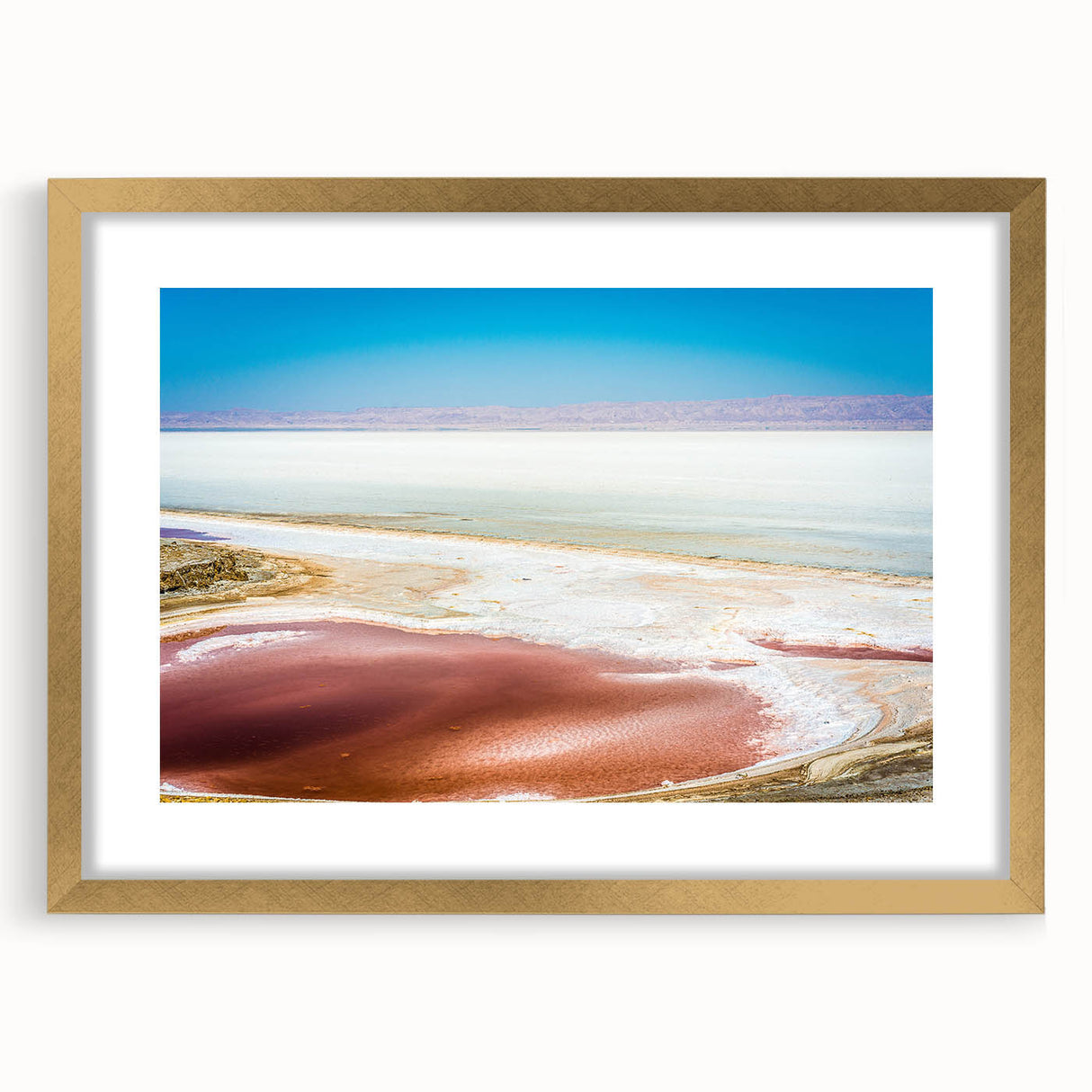 Extra large abstract art print of a Tunisian landscape in textured gold tones on a framed canvas.
