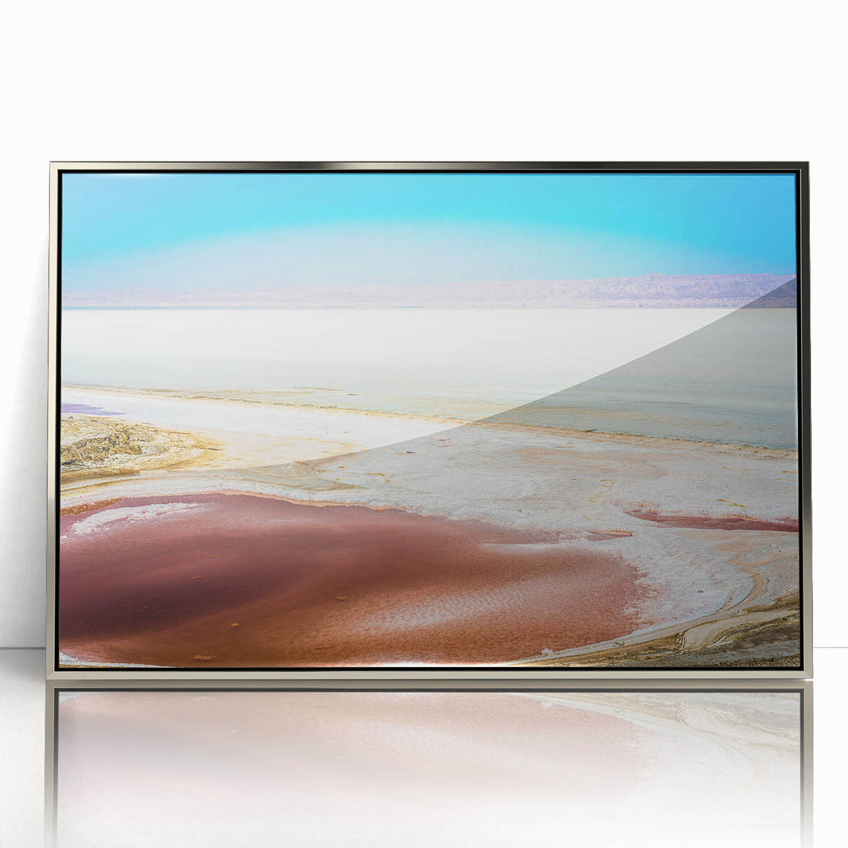 Mid-century modernist art depicting a Tunisian landscape in muted earth tones on a framed acrylic print.