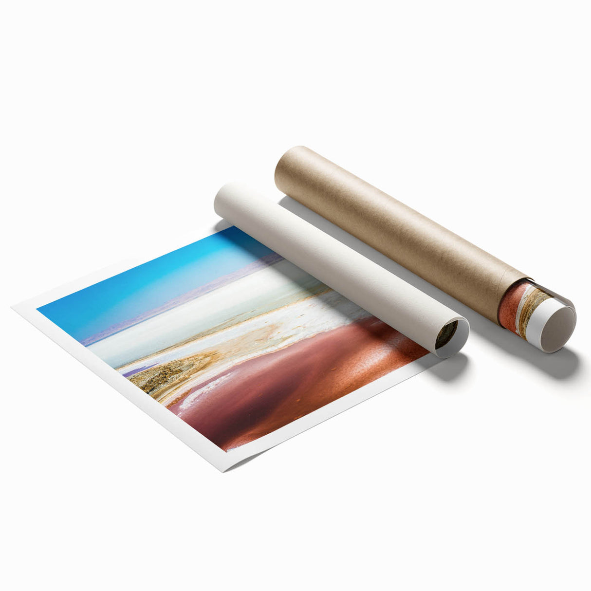 Extra large rolled print featuring a serene Tunisian landscape with muted earth tones, ideal for classy bathroom wall art.