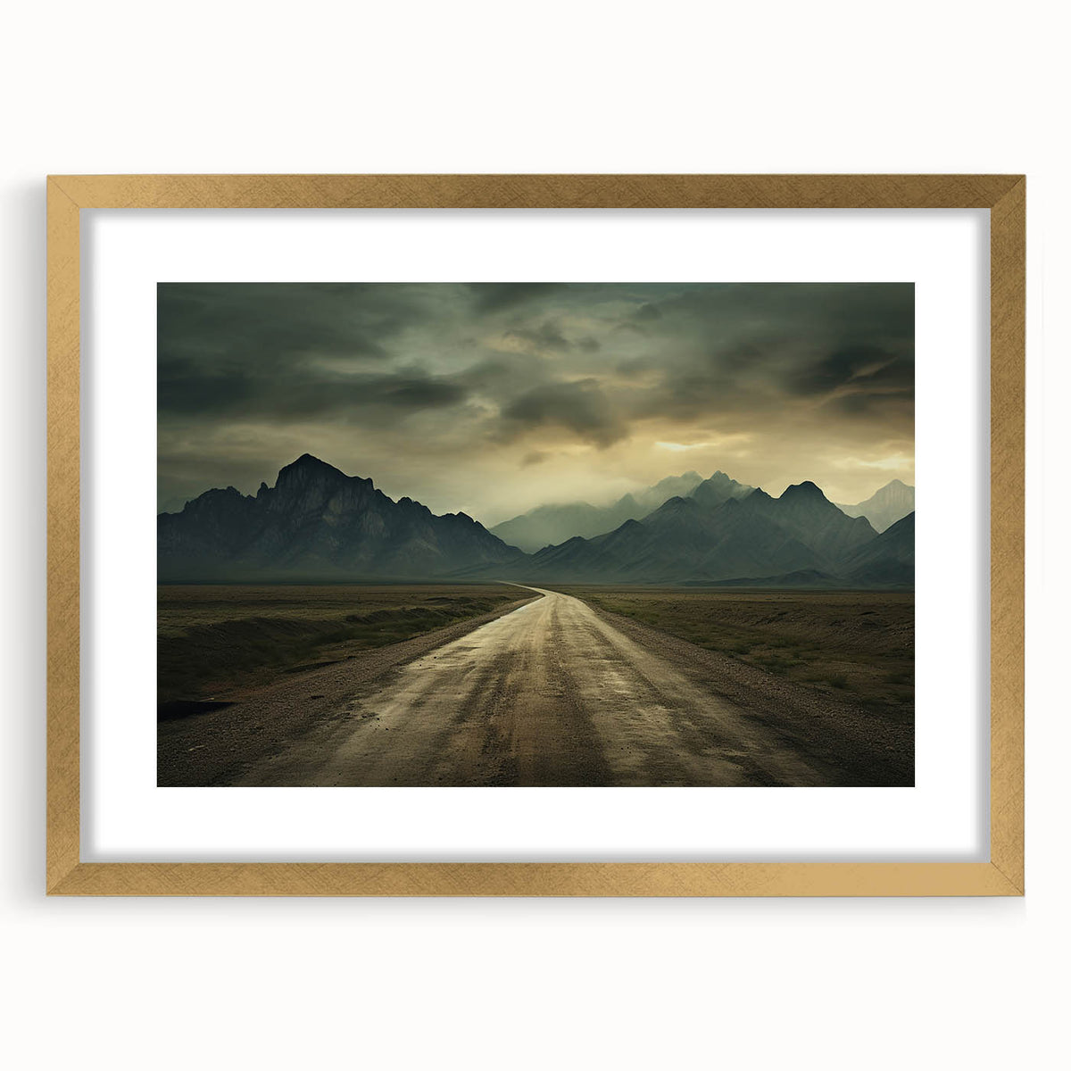 Extra large abstract art print featuring textured scenery of Azerbaijan in muted earth tones, framed in gold.