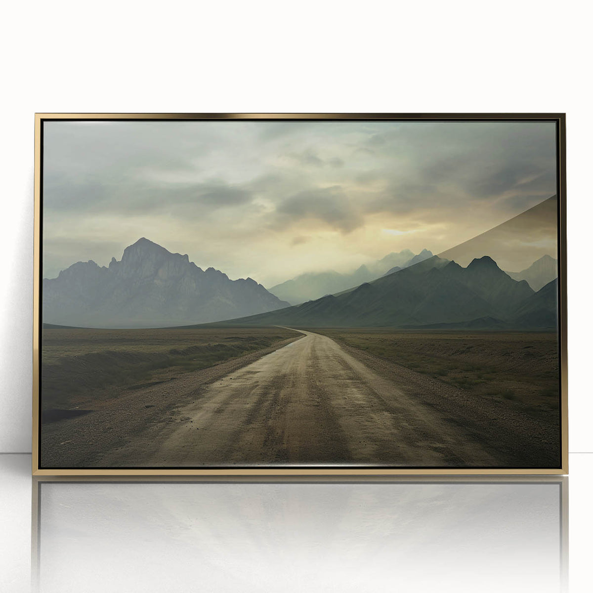 Large acrylic print of an Azerbaijani landscape, featuring muted earth tones in a mid-century modernist style.
