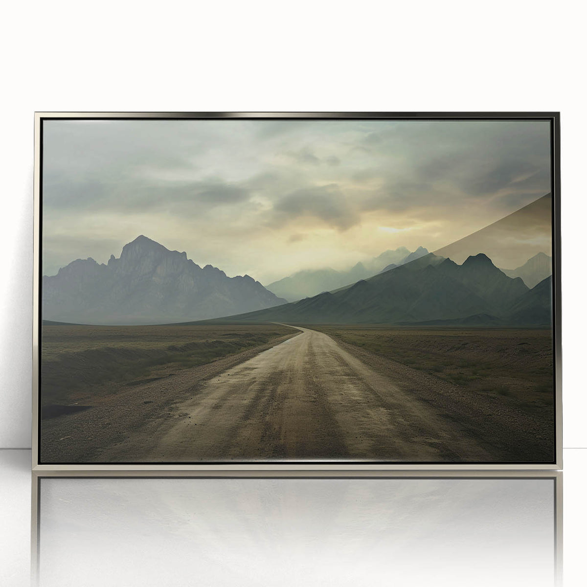 Mid-century modernist art depicting an Azerbaijani landscape in muted earth tones on a framed acrylic print.