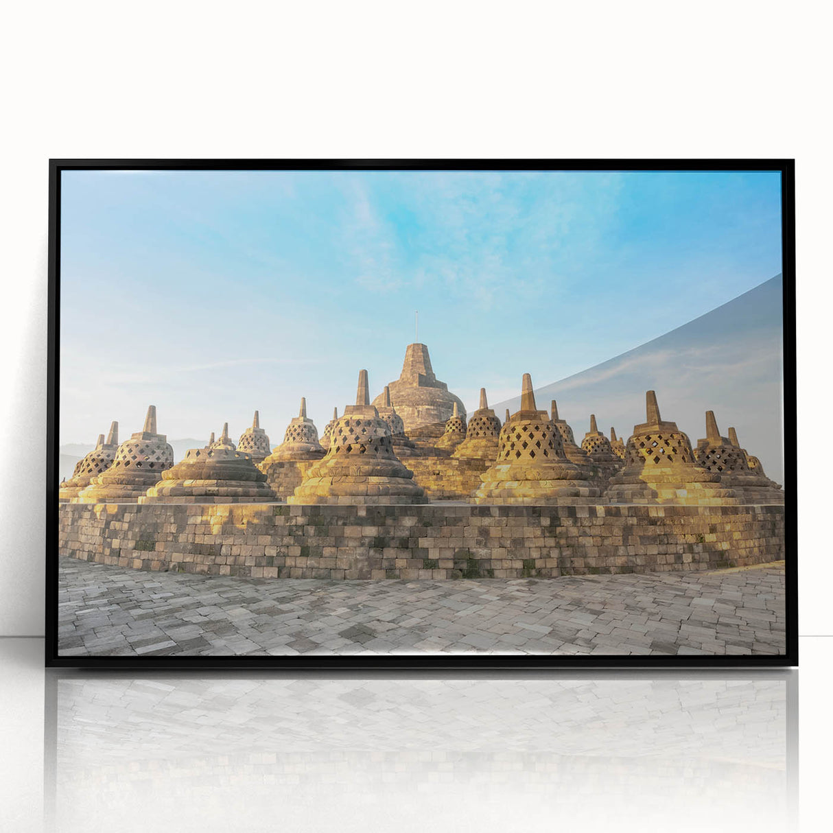 Large abstract wall art featuring a mid-century modernist design of Indonesian scenery in muted earth tones.