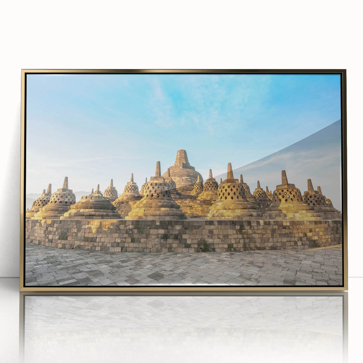 Large art print of an Indonesian landscape in gold and green tones, framed acrylic, ideal for modern art wall decor.