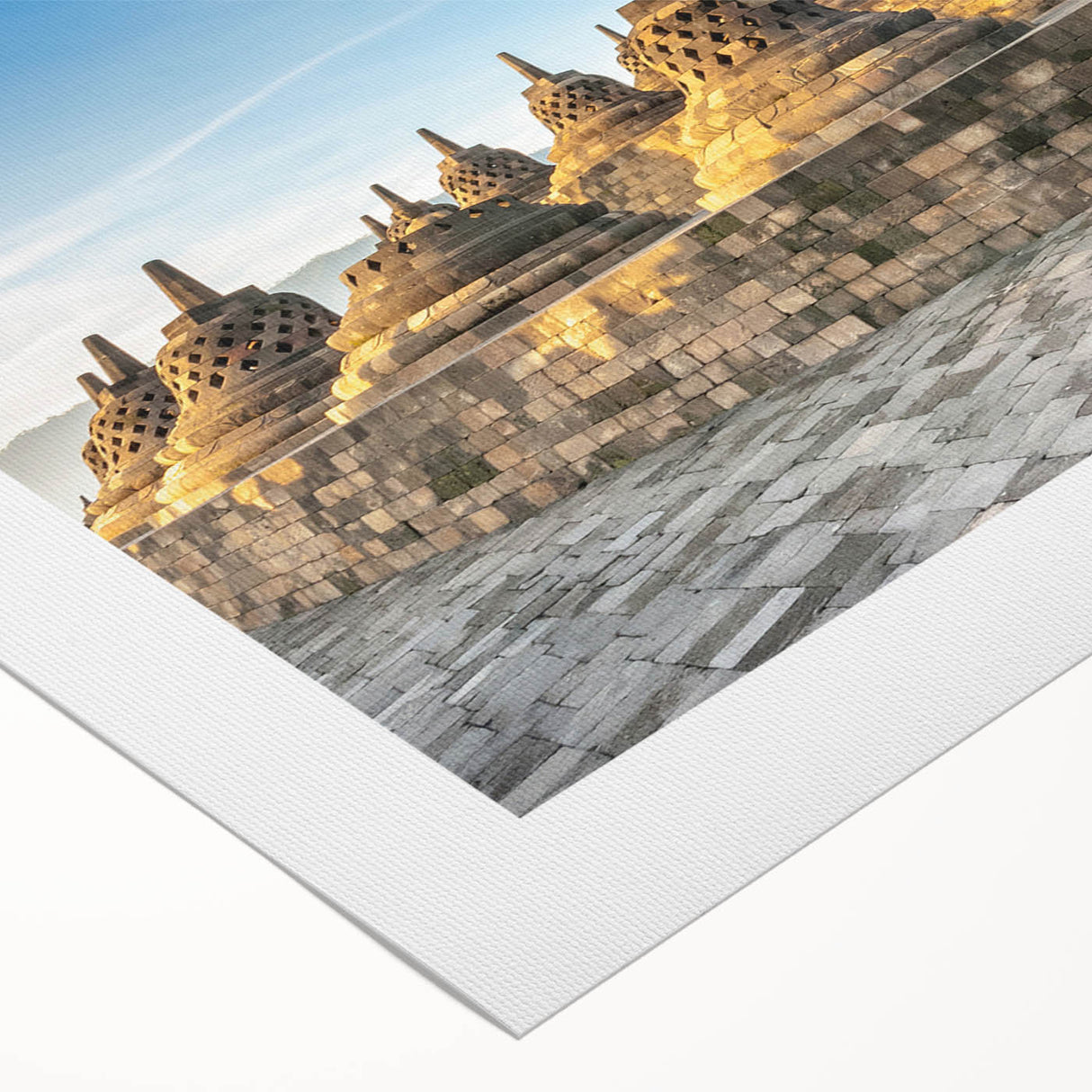 Art deco poster featuring a serene Indonesian landscape in muted green and blue tones on rolled canvas.