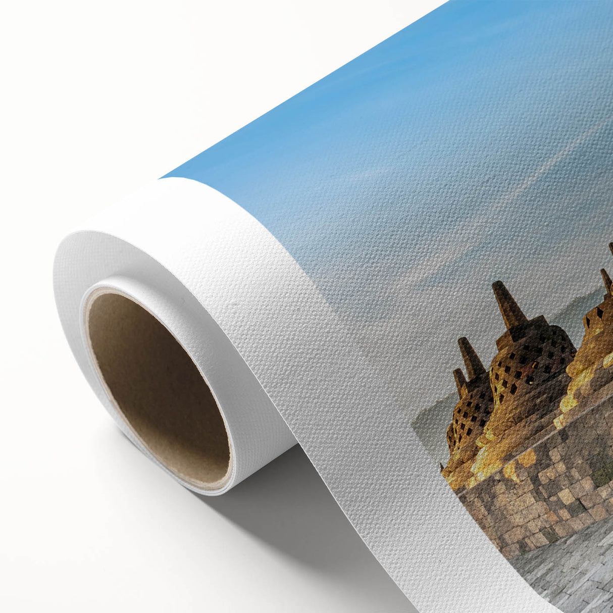 Art Deco poster of an Indonesian landscape in muted green and brown tones on rolled canvas, ideal for nursery wall art.