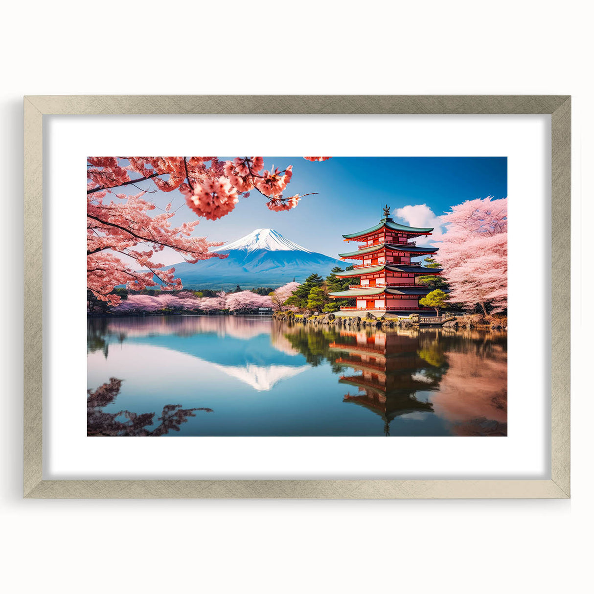 Textured abstract art print of a Kyoto scenery in muted earth tones, framed in silver, ideal for bedroom decor.