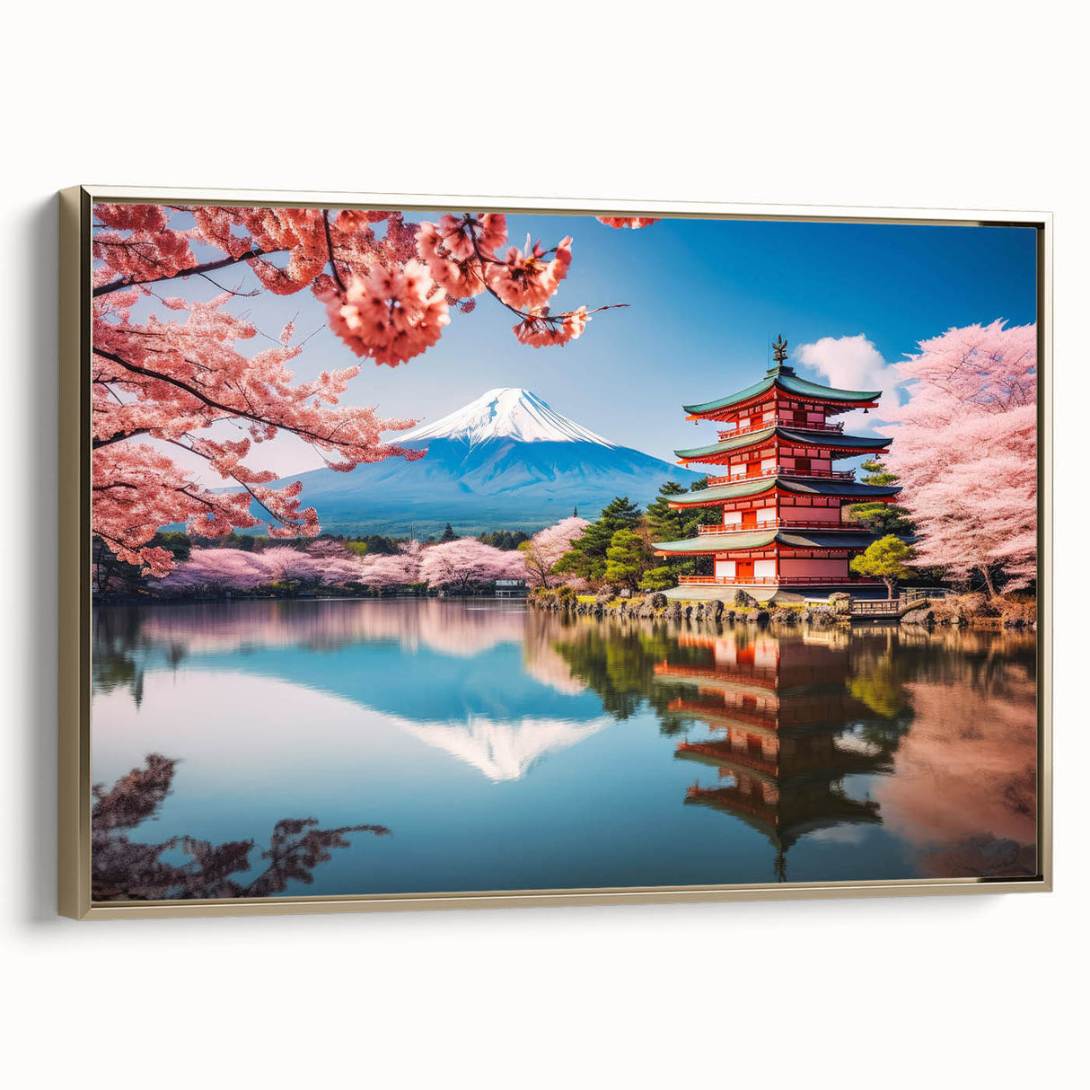 Framed canvas depicting a vintage-style Japanese landscape in black and gold tones, ideal for bedroom wall art.