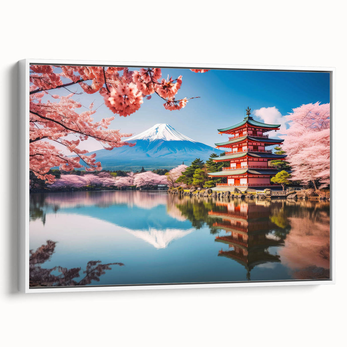 Vintage poster art of Kyoto scenery on a large framed canvas, featuring vibrant colors against a black backdrop.