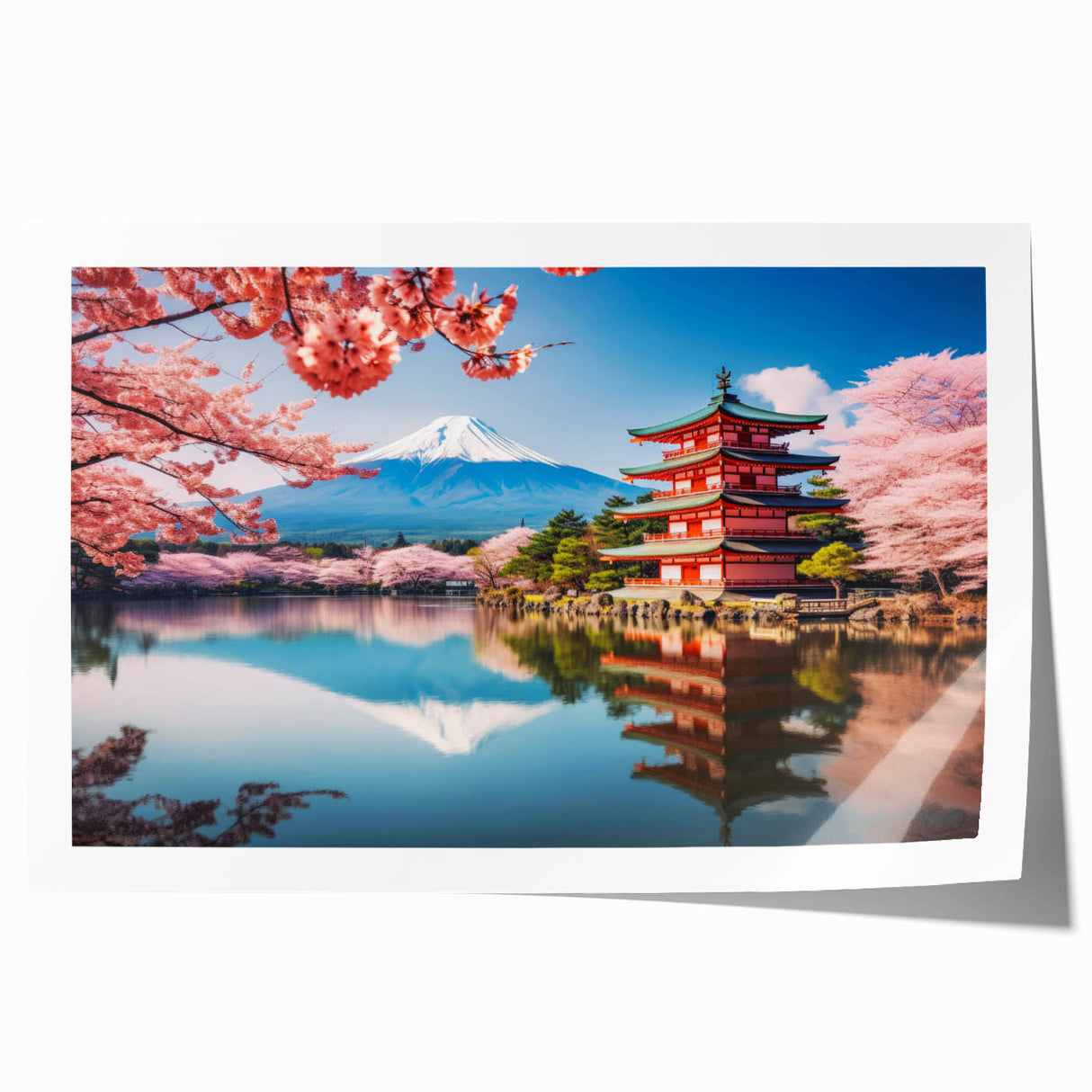 Kyoto garden scene with pink cherry blossoms on a rolled print, suited for art wall dining room or classy bathroom decor.