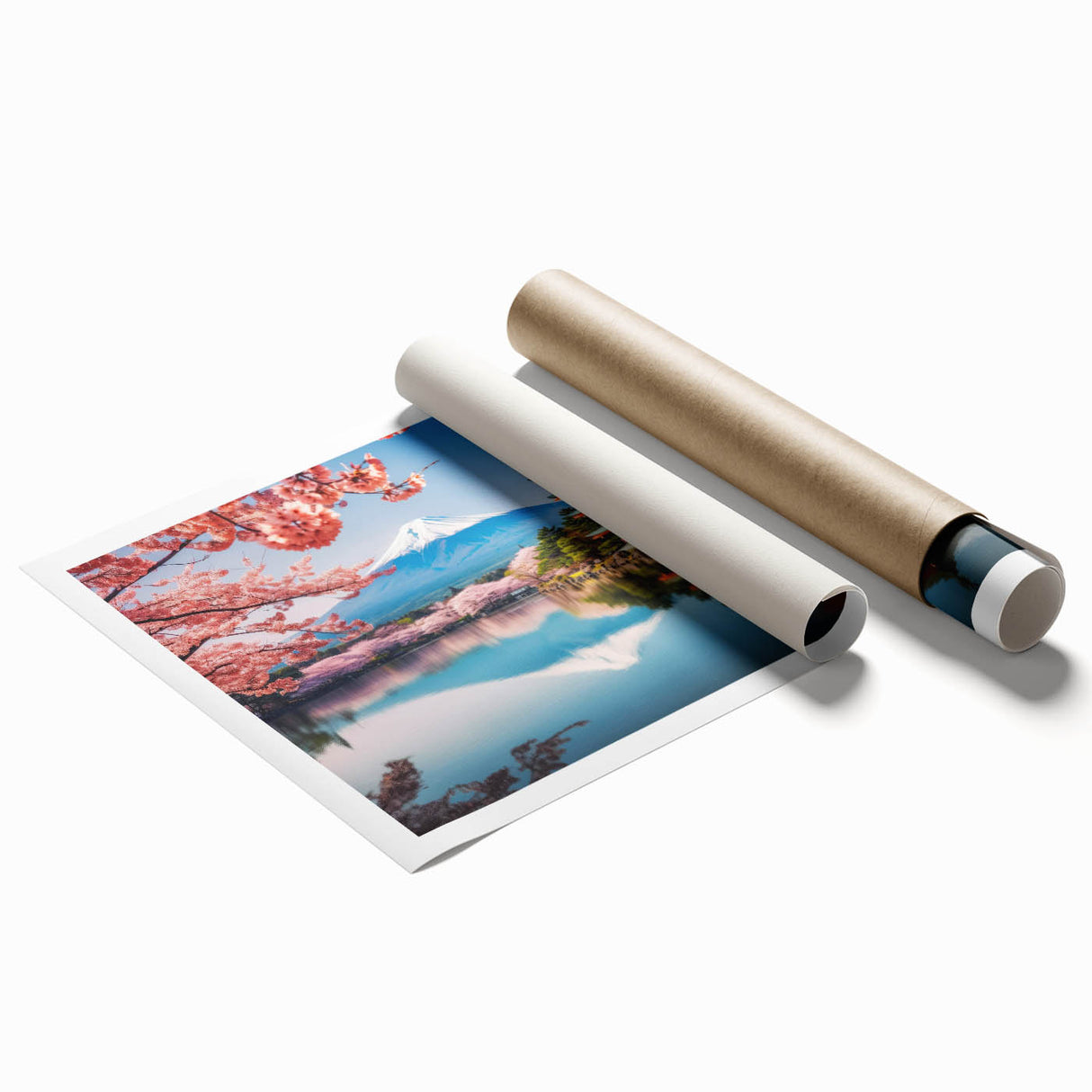 Extra large rolled print of Kyoto scenery with floral elements in soft pink and green, suitable for classy bathroom wall art.