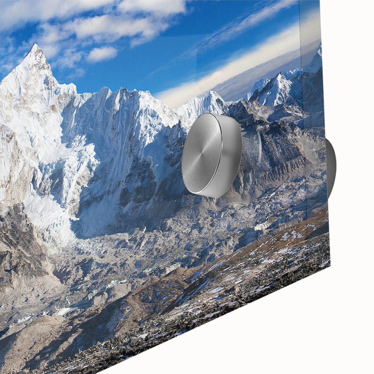 Large abstract wall art featuring a mid-century modernist style depiction of a Nepalese landscape on acrylic glass.