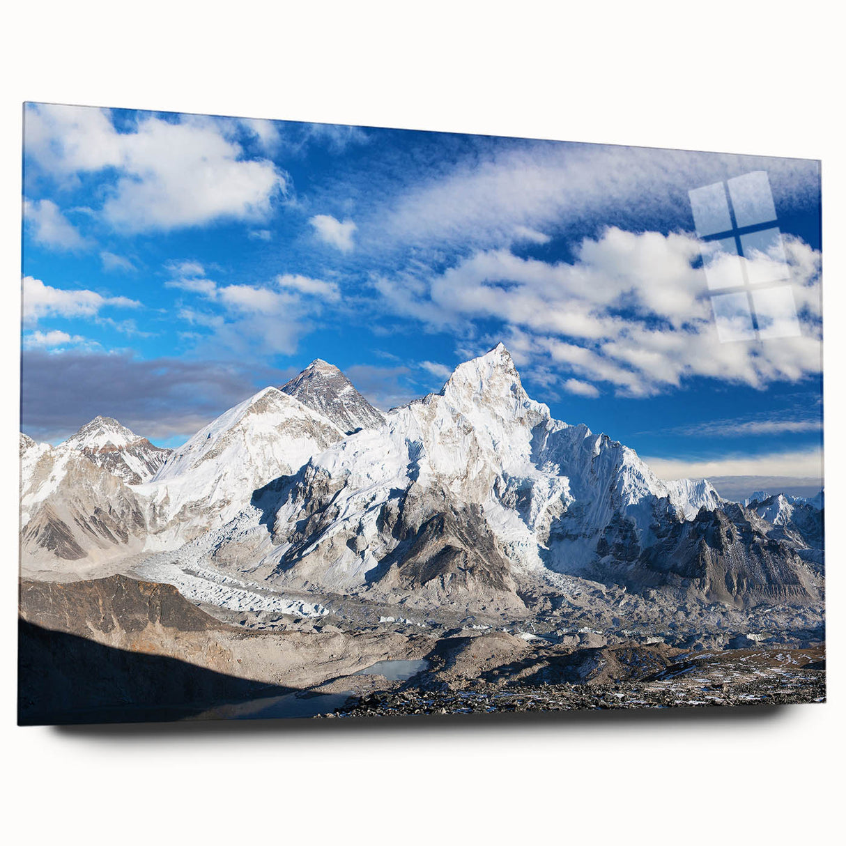 Large abstract wall art depicting a serene Nepalese landscape in muted earth tones on acrylic glass.