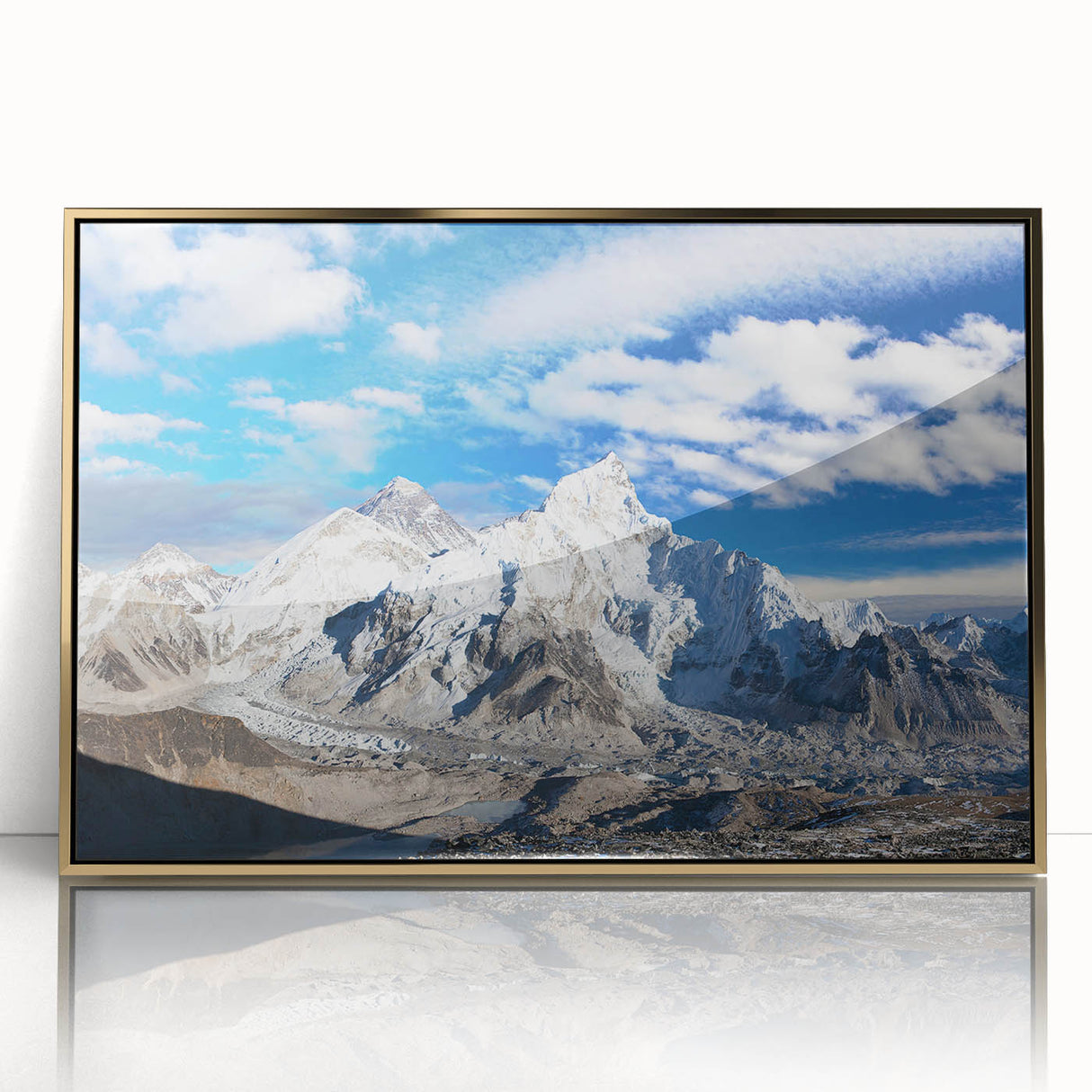 Framed acrylic print of a serene Nepalese landscape in muted earth tones, ideal for modern art wall decor.