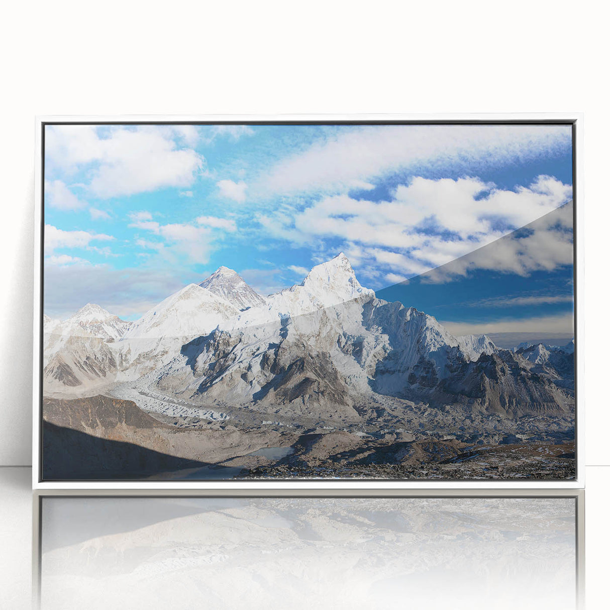 Art deco poster featuring a serene Nepalese landscape in muted earth tones on a framed acrylic.