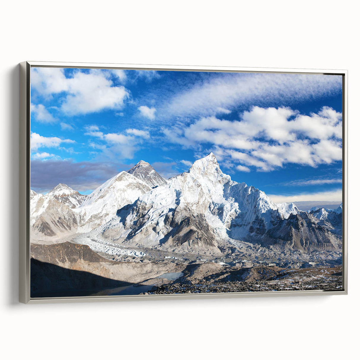 Framed canvas featuring a vintage-style landscape painting of a Nepalese scenery in vibrant colors.