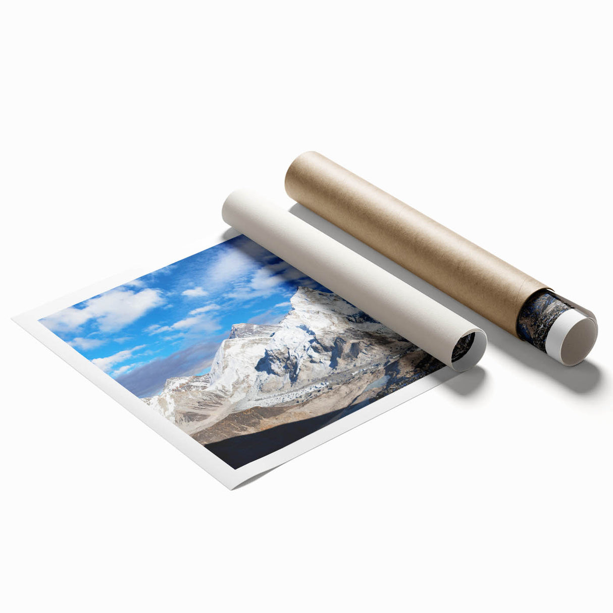 Extra large rolled print depicting a serene Nepalese landscape with lush florals in soft green and earth tones.