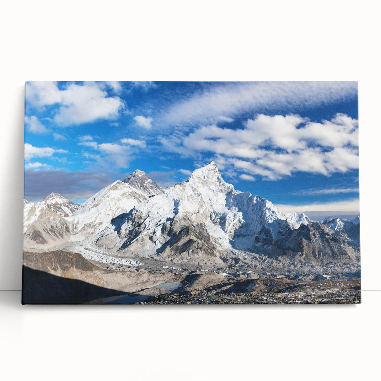 Black and white photograph of a serene Nepalese landscape on stretched canvas, ideal for kitchen wall art.