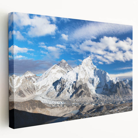 Side view of a stretched canvas featuring a serene Nepalese landscape in soft green and blue tones.