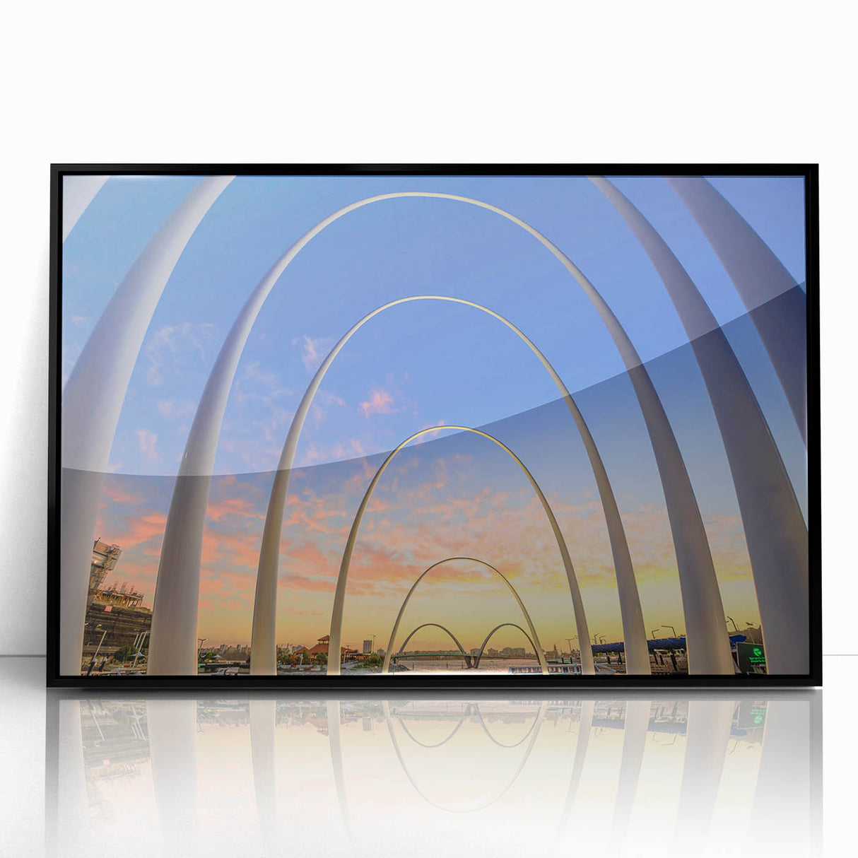 Large abstract wall art of Perth skyline in muted gray and blue tones on framed acrylic.