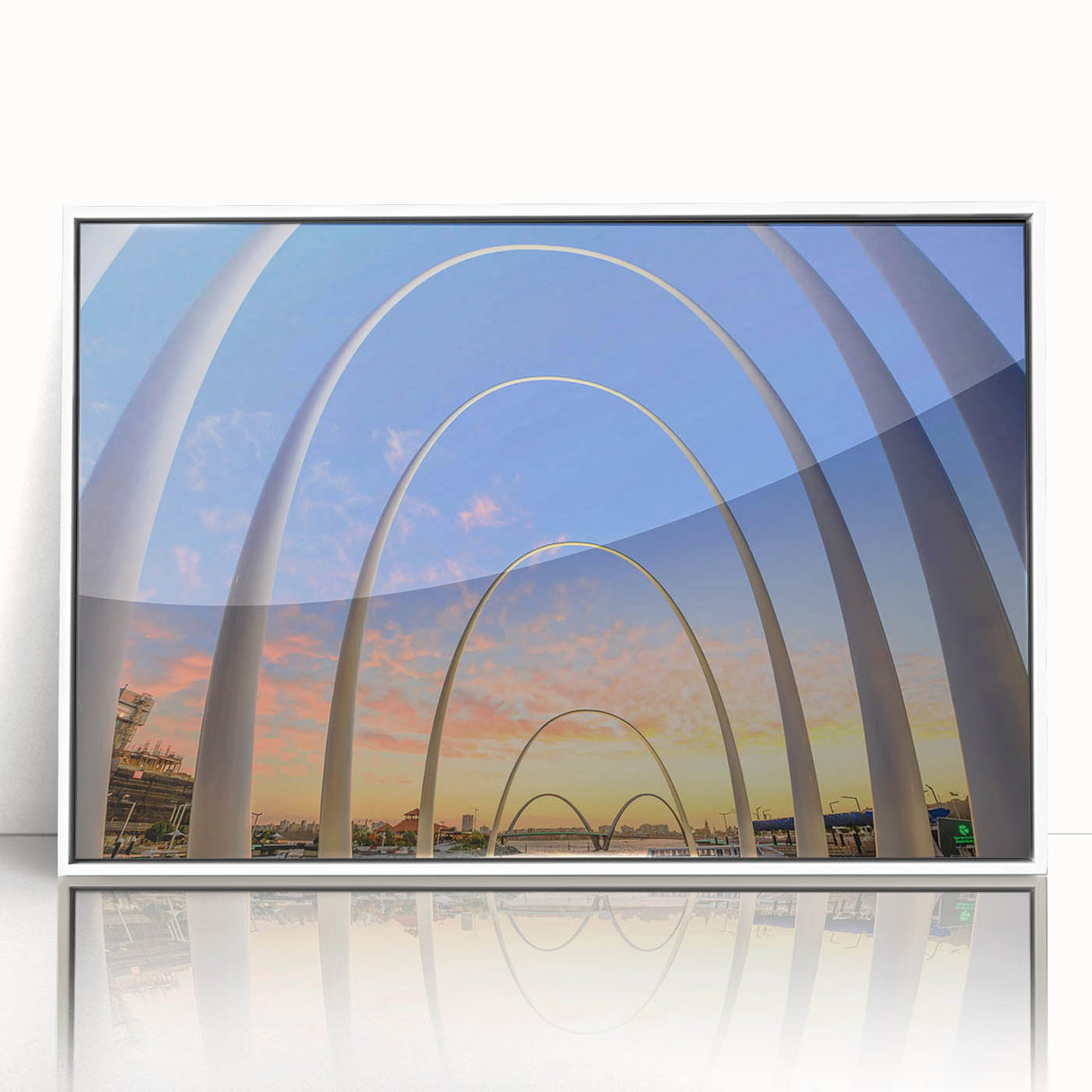 Framed acrylic print of Perth skyline in muted gray and blue tones, ideal for modern art wall decor.