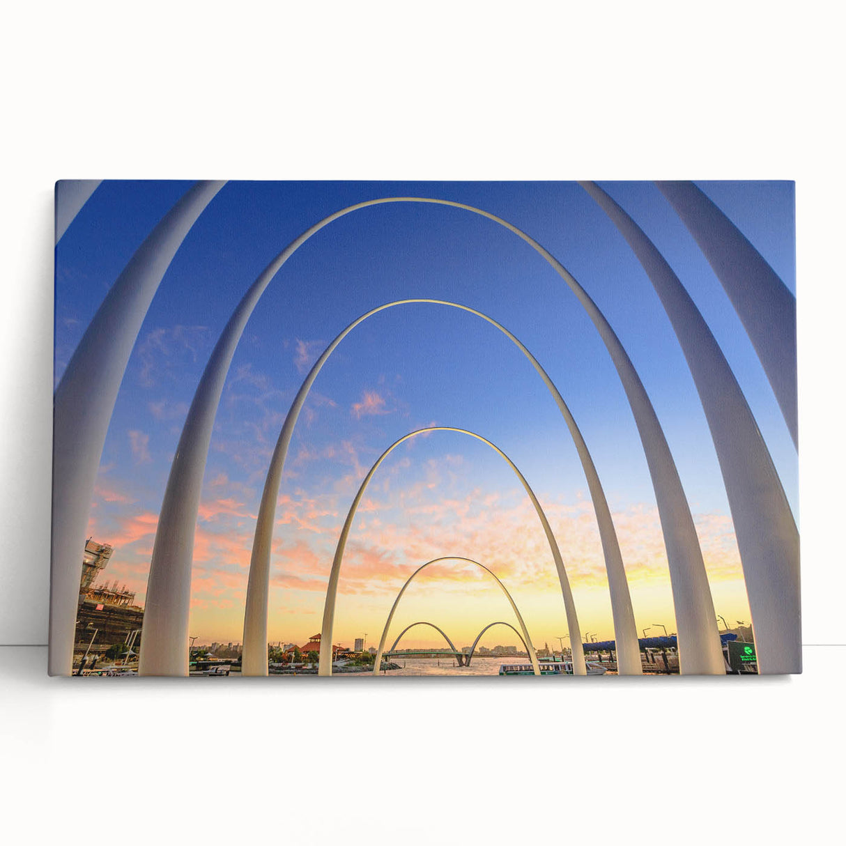 Black and white large art print of Perth skyline on stretched canvas, suitable for kitchen or bedroom decor.