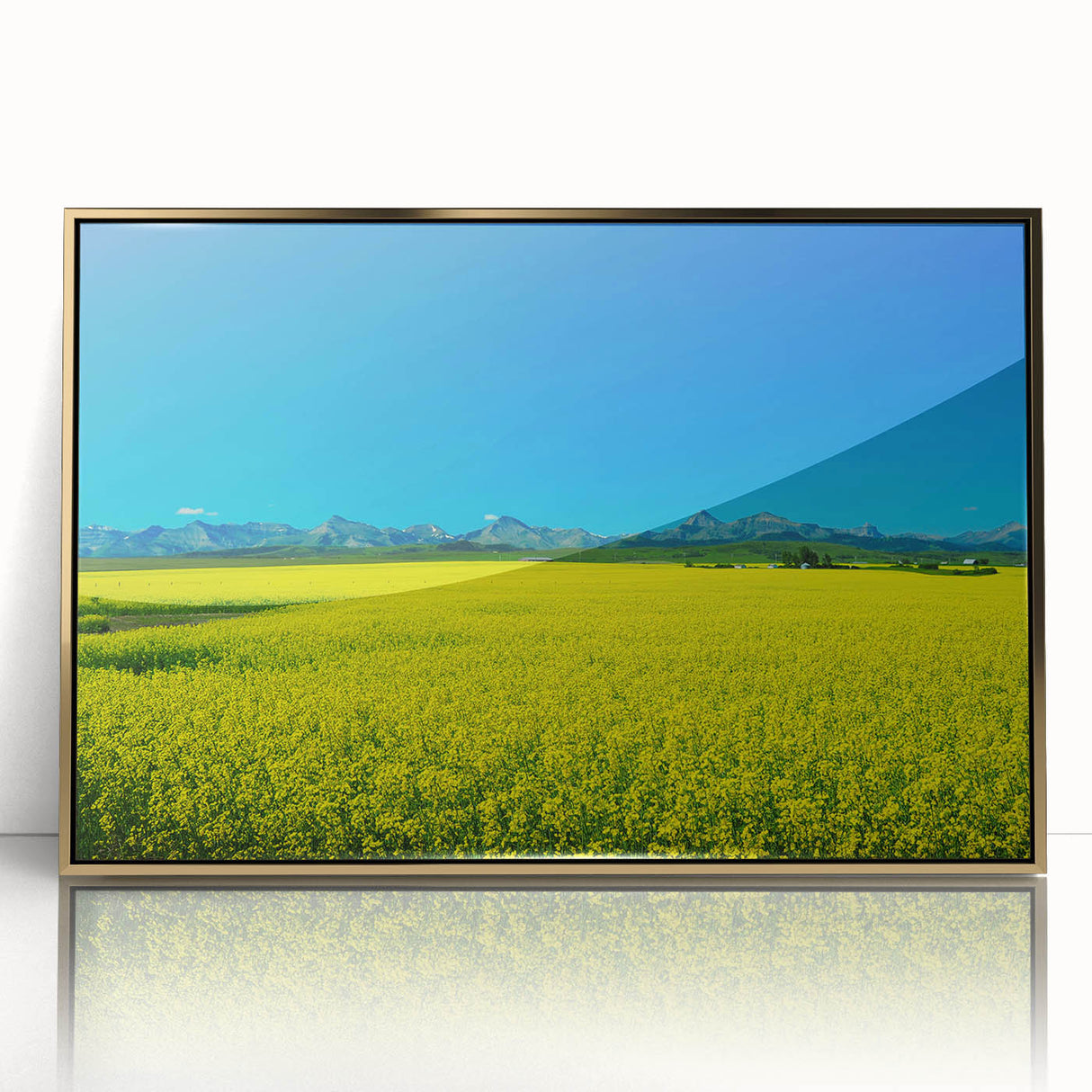 Large art print of Alberta, Canada scenery in muted earth tones, framed in gold acrylic, suitable for modern nursery decor.