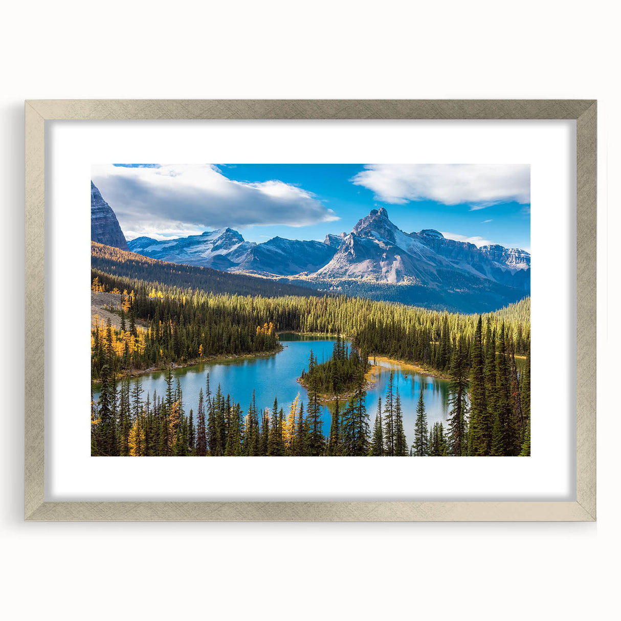 Textured art depicting an abstract scenery of British Columbia in muted earth tones, framed in silver, ideal for bedroom art.