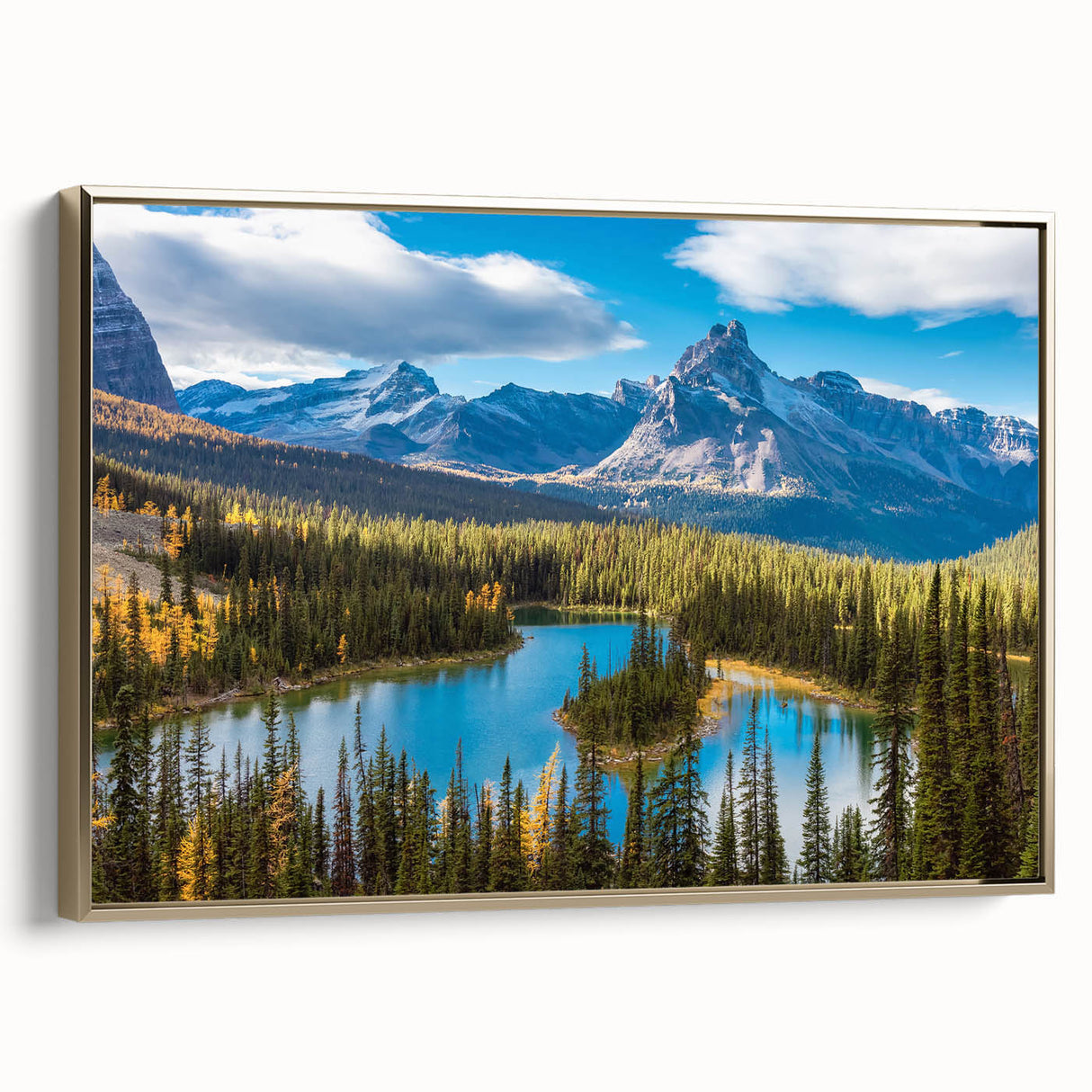 Framed canvas depicting a serene British Columbia landscape in muted earth tones, ideal for bedroom wall art.