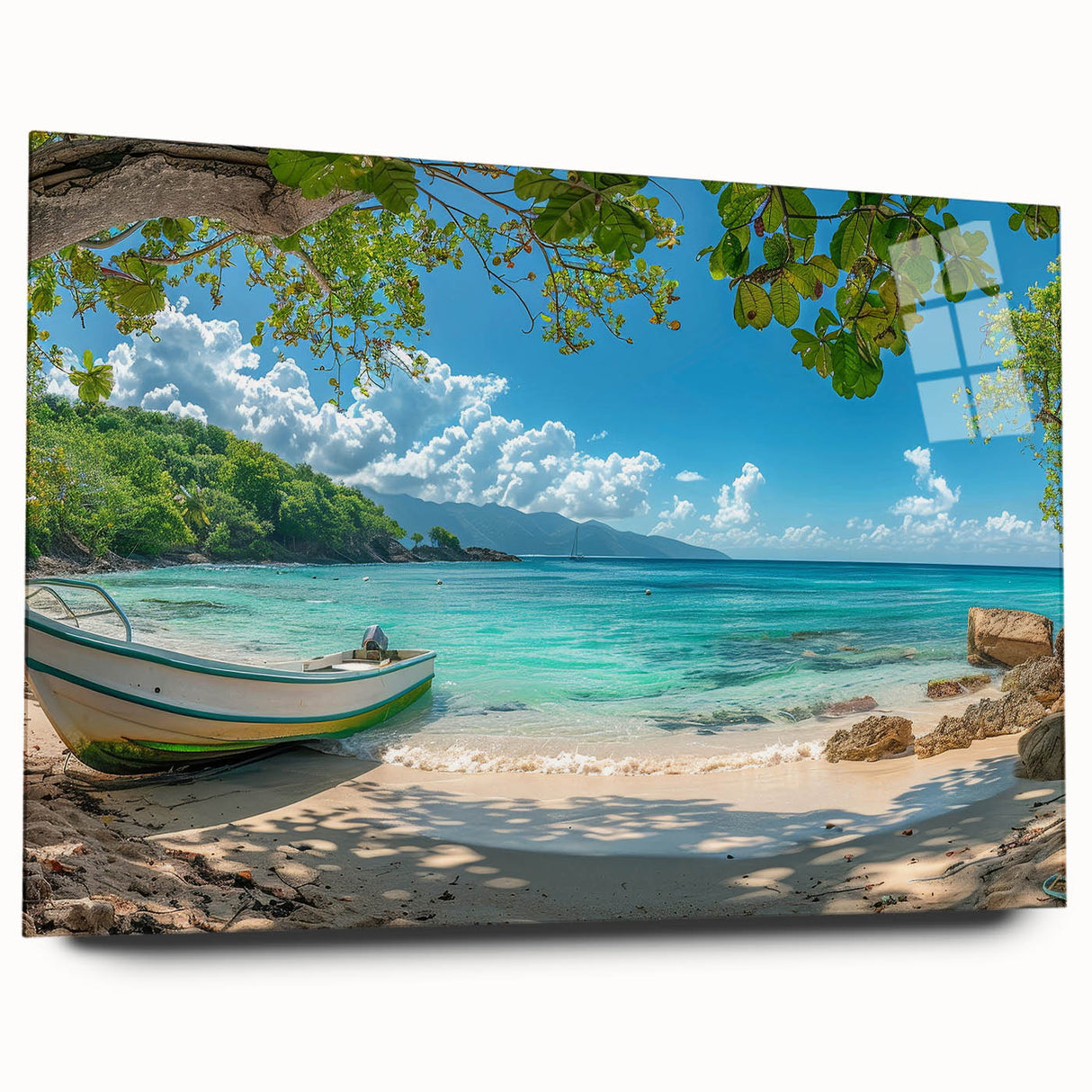 Large abstract wall art of Caribbean scenery in vibrant blue and green tones on acrylic glass.