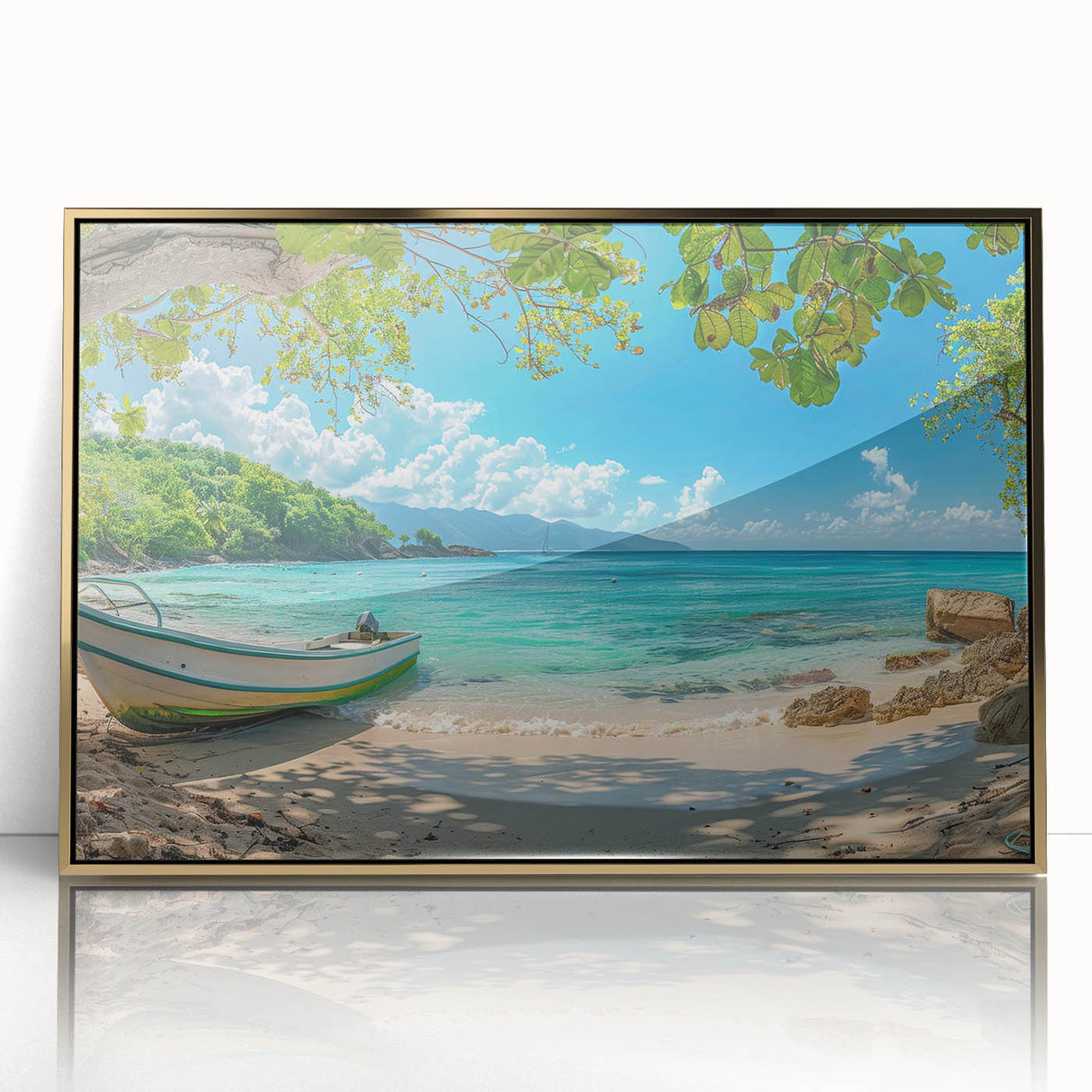 Art deco poster of a Caribbean Aruba scenery in vibrant blue and gold tones, acrylic print, ideal for modern art wall decor.