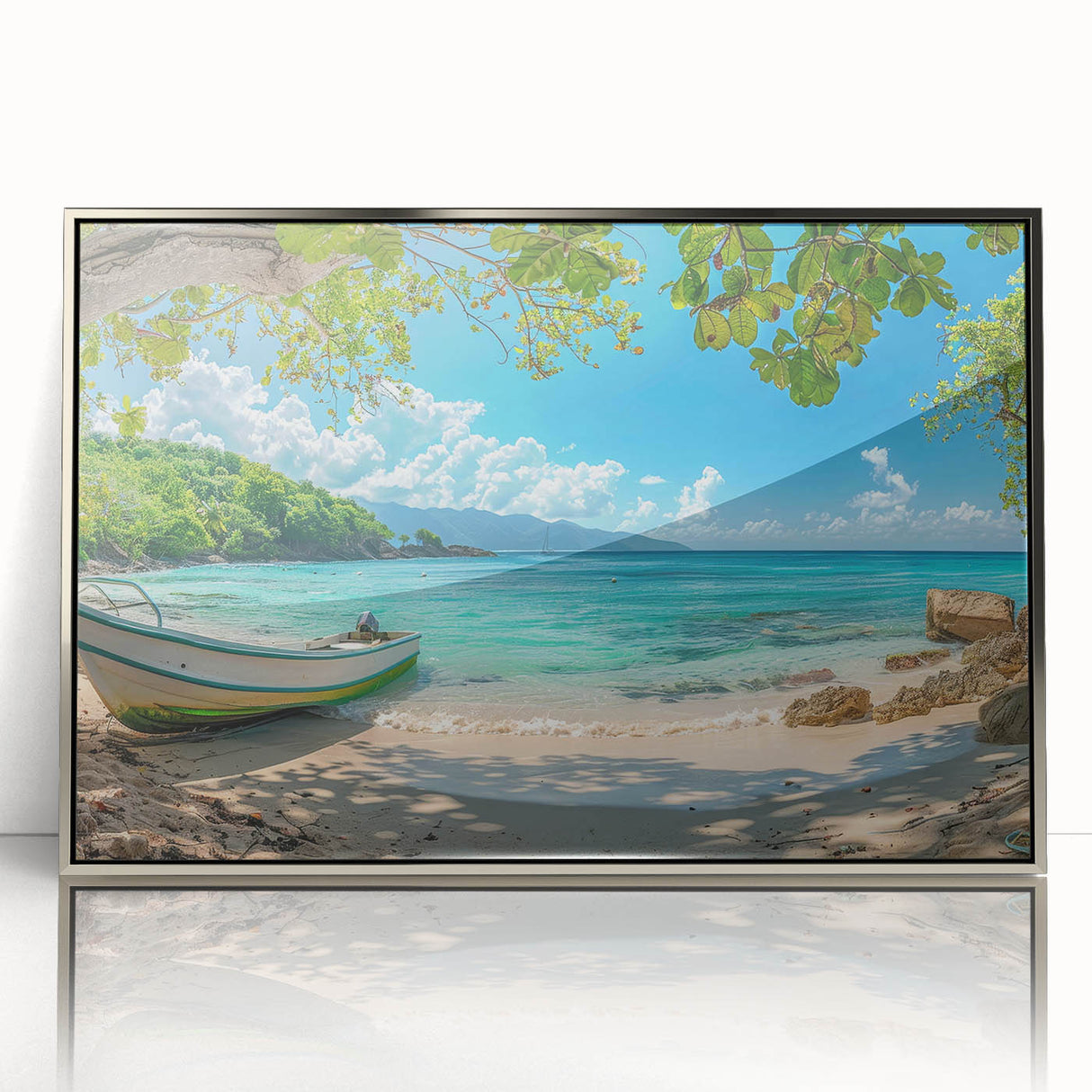 Mid-century modernist style acrylic print of a Caribbean Aruba scenery in silver frame, suitable for modern art wall decor.