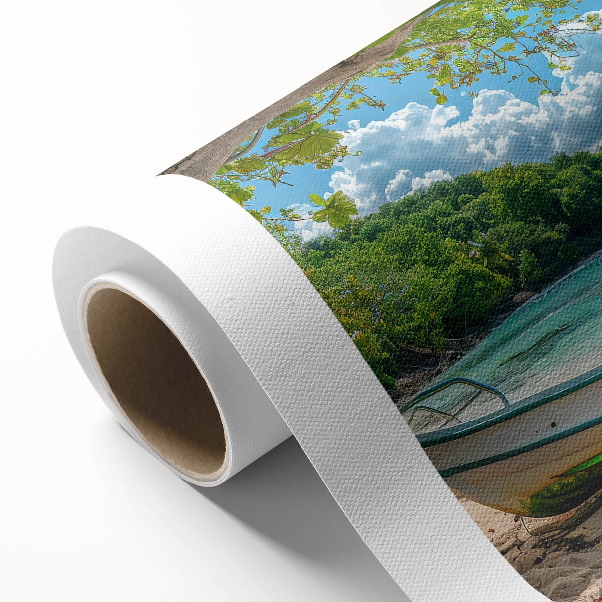 Art deco poster of a serene Caribbean beach scene on rolled canvas, with pastel blue and pink tones.