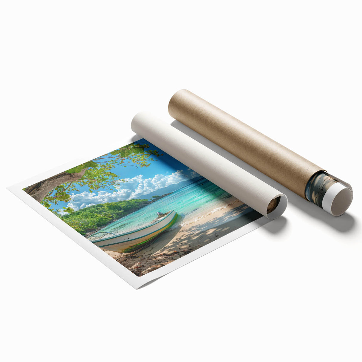 Extra large rolled print of a Caribbean Aruba scenery with vibrant floral elements, ideal for classy bathroom wall art.
