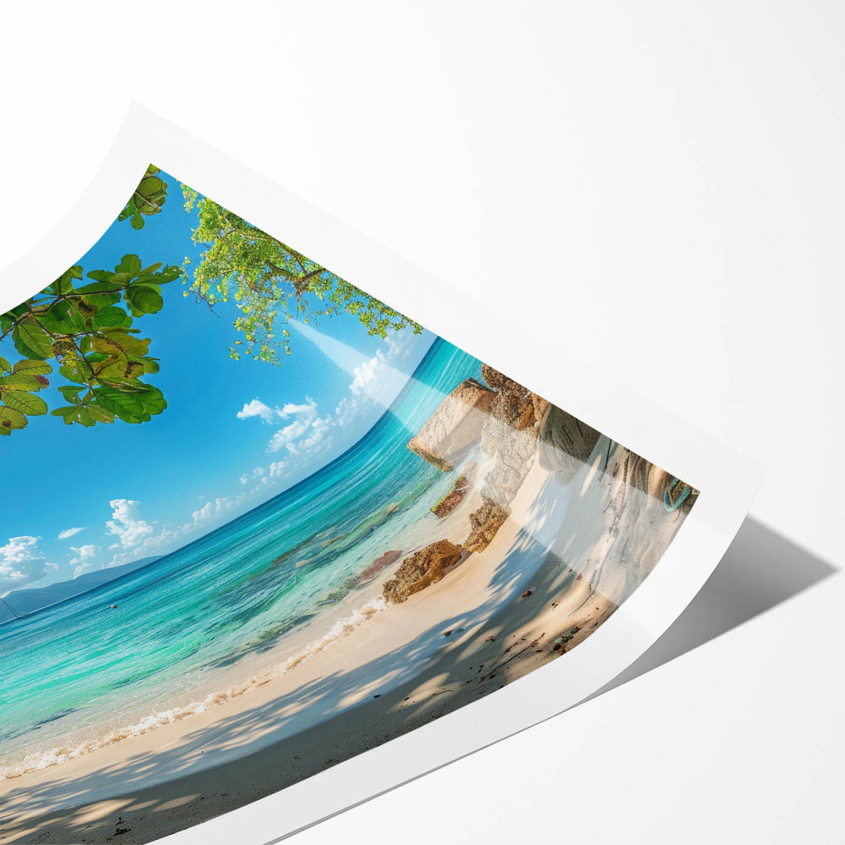 Extra large wall art featuring line art flowers with vibrant Caribbean scenery on a rolled print.